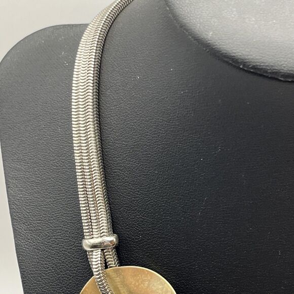 Vintage Modernist Goldtone Hammered Discs On 3 Strand Silvertone Chain Necklace - Picture 5 of 7